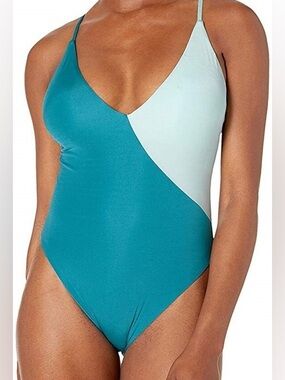 NWT BCBGMaxAzria Teal Colorblock Plunge One Piece, 12
